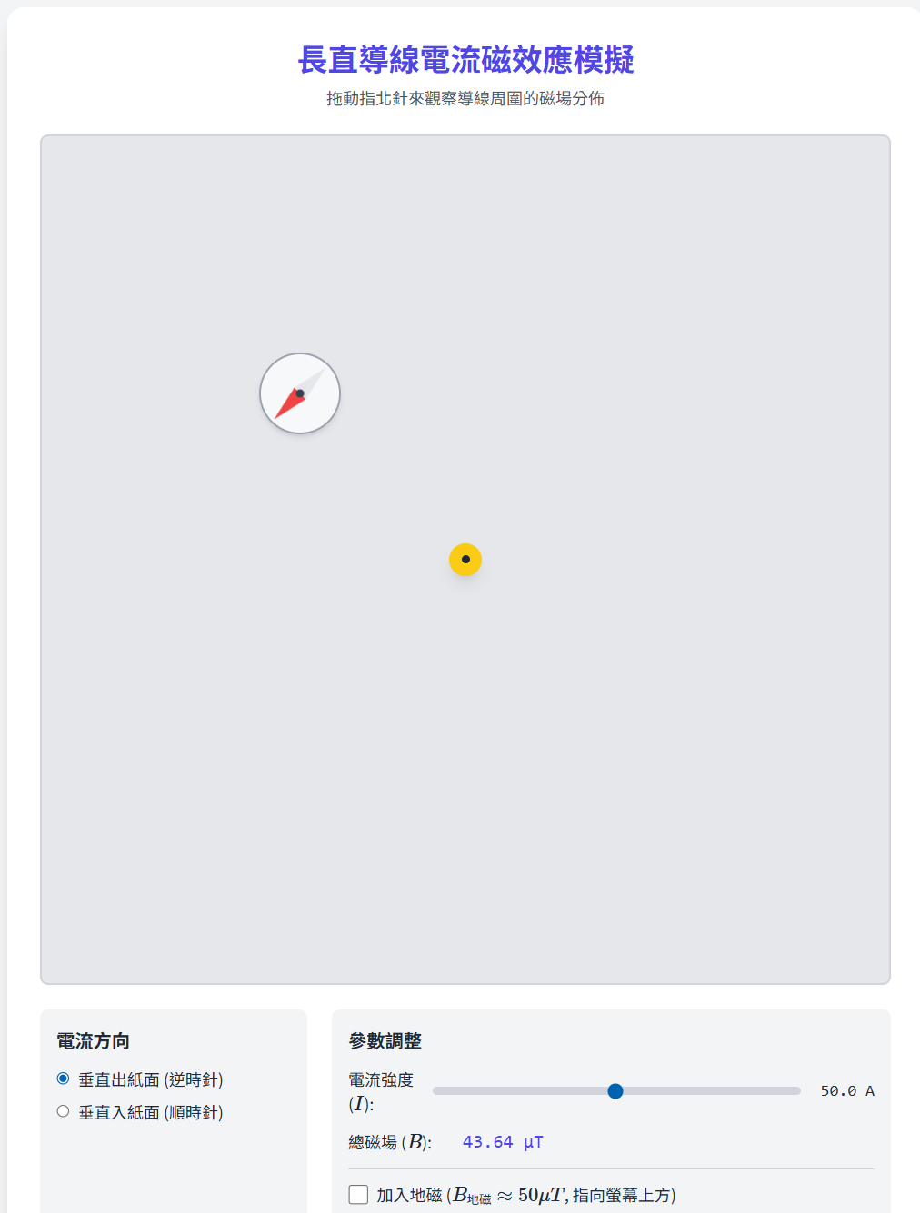 長直導線的電流磁效應模擬